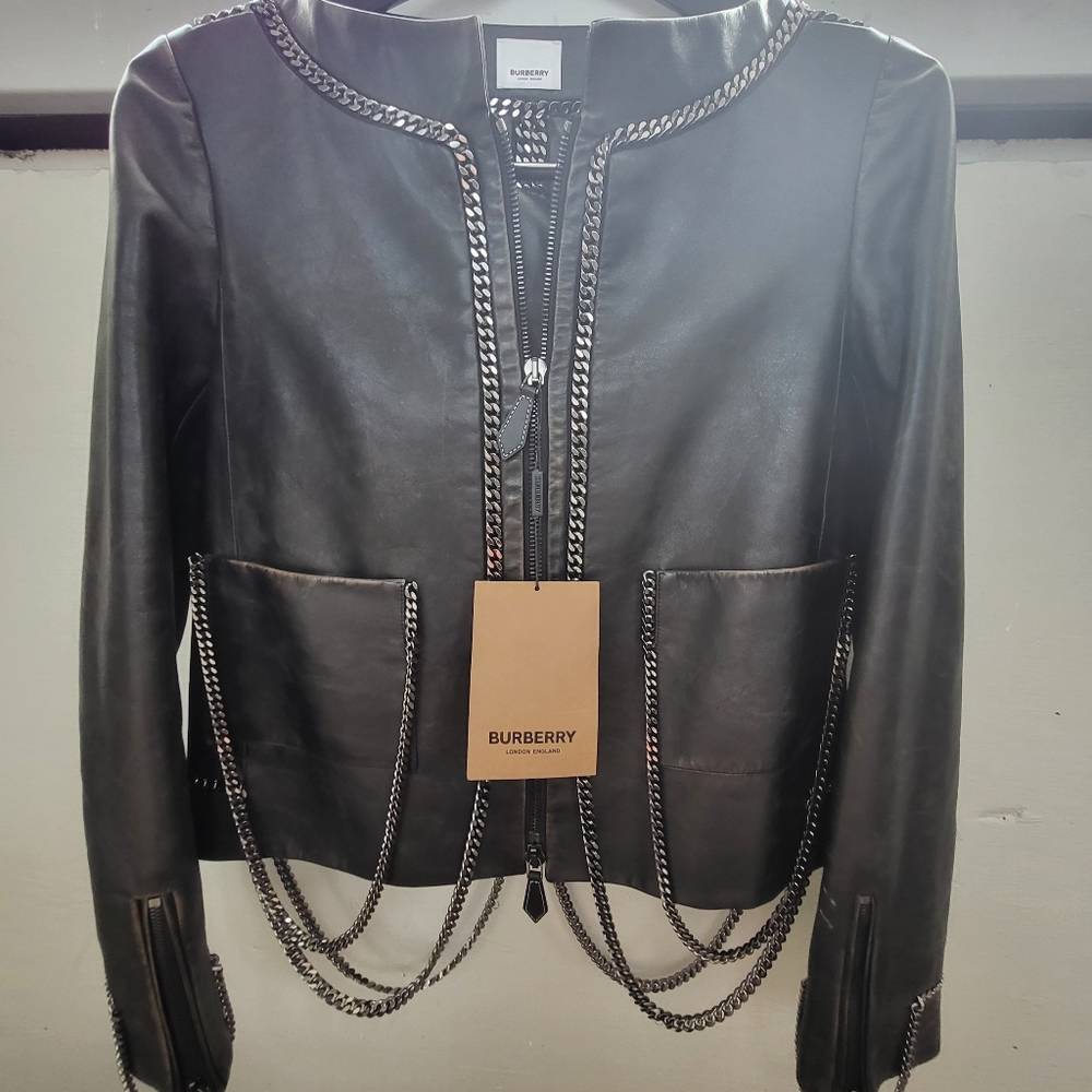 SOLD - Burberry Draped Chain Moto Leather Jacket $6.5K Nordstrom Size 6 NWT